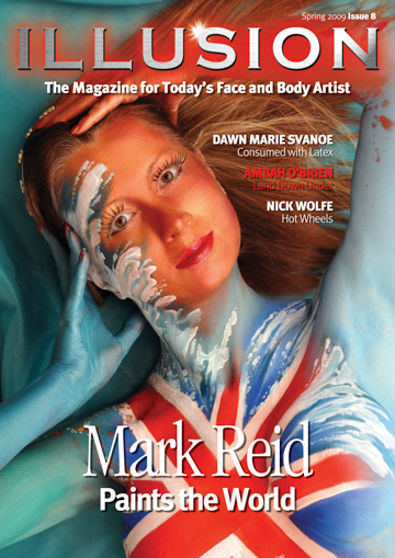 Cover of Illusion Magazine with a blonde painted with a British flag on her chest with waves crashing on her face and chest